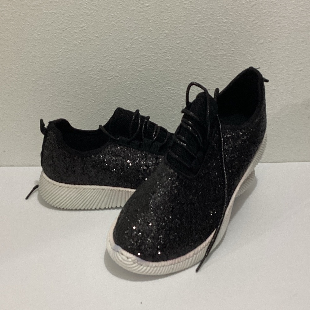 H2K Sparkling Black Glitter Sneakers Lightweight Athletic Shoes Size 8